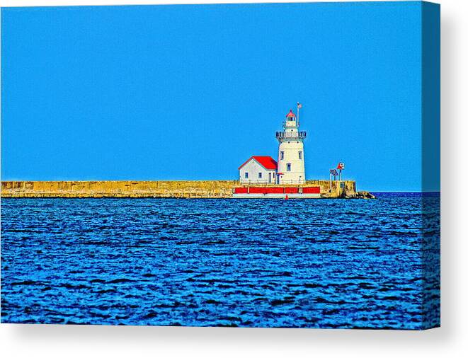 Blue Canvas Print featuring the photograph Harbor Beach Light 8.3.17 by Daniel Thompson