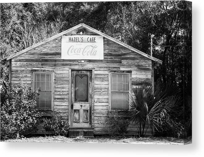 Hazel's Cafe Canvas Print featuring the photograph Hazels Cafe BW by Darryl Brooks