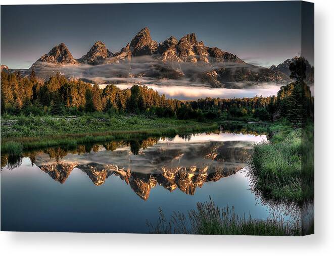 Schwabacher Landing Canvas Print featuring the photograph Hazy Reflections at Scwabacher Landing by Ryan Smith