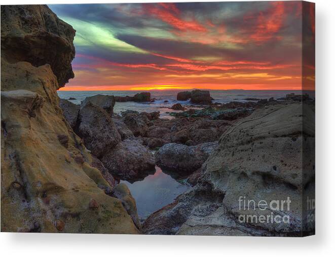 Heisler; Park; Laguna; Beach; California; Ocean; Water; Waves; Sand; Rocks; Sky; Clouds; Colors; Horizon; Yellow; Orange; Red; Seascape; Landscape; Nikon; County Canvas Print featuring the photograph Heisler Park Tide Pools by Eddie Yerkish