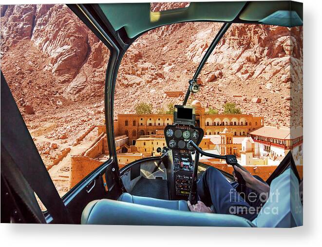 Mount Sinai Canvas Print featuring the photograph Helicopter on Monastery of St Catherine by Benny Marty