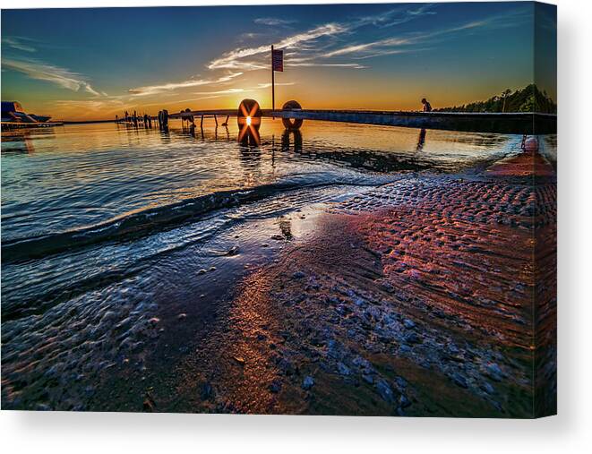 Sunflare Canvas Print featuring the photograph Higgins Lake Maplehurst Dock Sunflare by Joe Holley
