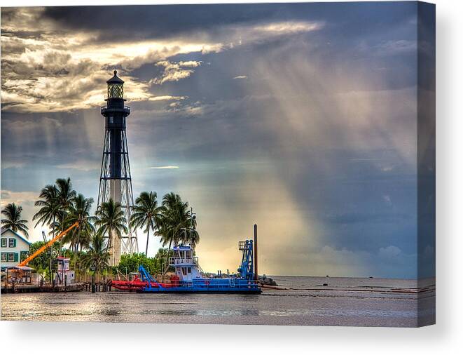 Lighthouse Cloudscape Coastal Palm Hillsboro Barge Sky Ocean Sea Canvas Print featuring the photograph Hillsboro Inlet Lighthouse by William Wetmore
