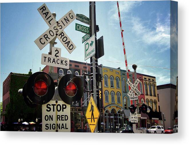 Cross At N River Streets; Intersection; Rr Crossing; Railroad Crossing Canvas Print featuring the photograph Historic Depot Town Ypsilanti MI by Pat Cook