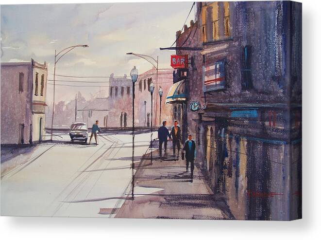 Street Scene Canvas Print featuring the painting Hometown Shadows by Ryan Radke