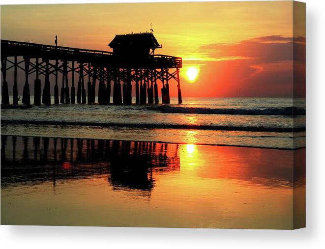 Cocoa Beach Pier Canvas Print featuring the photograph Hot Sunrise Over Cocoa Beach Pier by Carol Montoya