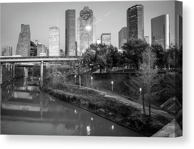 Houston Skyline Canvas Print featuring the photograph Houston Texas Skyline on the Buffalo Bayou - Black and White by Gregory Ballos