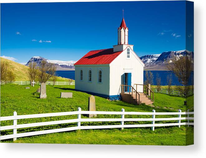 Iceland Canvas Print featuring the photograph Hrafnseyri church in Iceland by Matthias Hauser