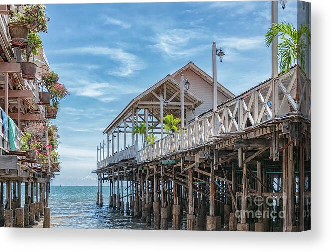 Boat Canvas Print featuring the photograph Hua Hin Beach Encroaching Restaurant Pier by Antony McAulay