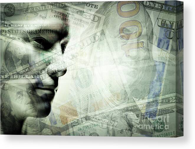 Face Canvas Print featuring the photograph Human man face and dollars double exposure. by Michal Bednarek