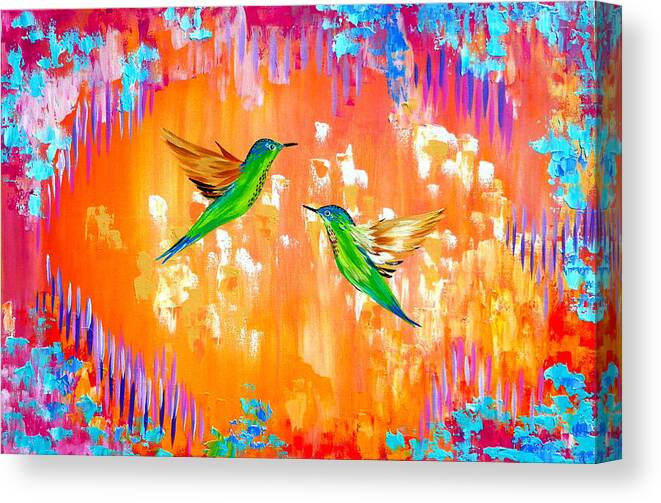 Rainbow Canvas Print featuring the painting Hummingbirds with Orange by Cathy Jacobs