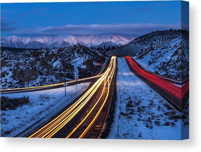 Night Canvas Print featuring the photograph Hwy. 395 at Blue Hour by Cat Connor