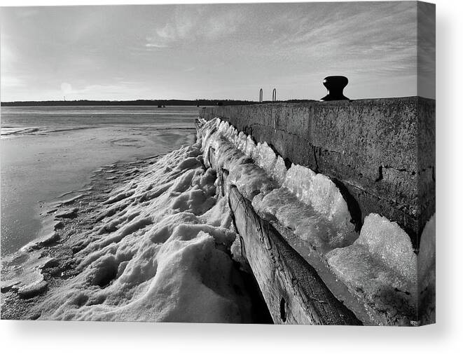 Abstract Canvas Print featuring the photograph Ice Beside The Dock BW by Lyle Crump