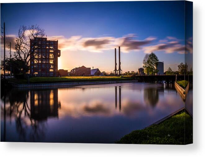 Sugar Land Canvas Print featuring the photograph Imperial Sugar Factory Sunset Long Exposure Landscape by Micah Goff