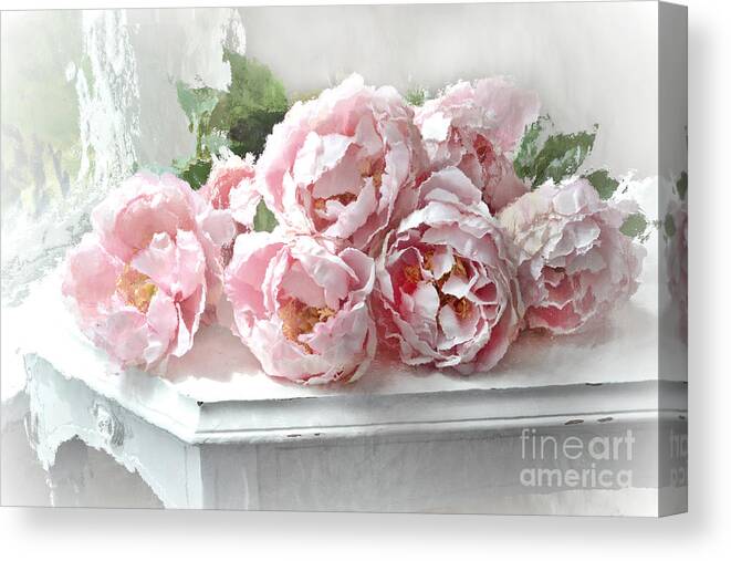 Peony Canvas Print featuring the photograph Impressionistic Watercolor Pink Peonies - Pink and White Romantic Shabby Chic Still Life Peonies Art by Kathy Fornal