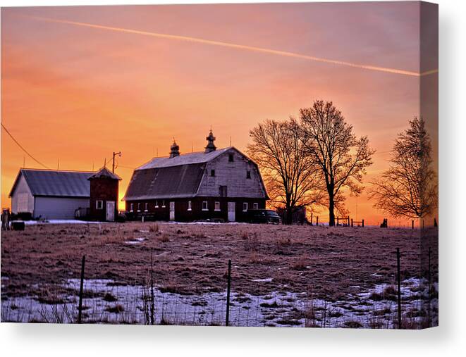 Barn Canvas Print featuring the photograph Iowa Winter Sunrise 2 by Bonfire Photography