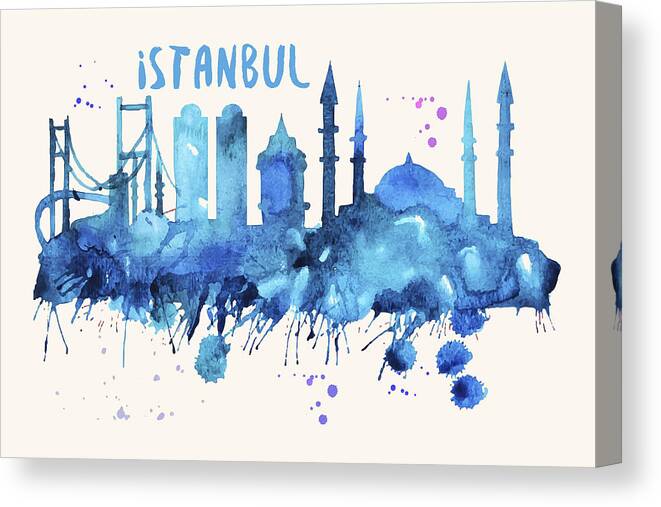 Istanbul Canvas Print featuring the painting Istanbul Skyline Watercolor Poster - Cityscape Painting Artwork by Beautify My Walls