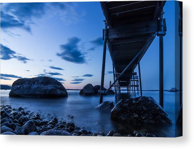Blue Hour Canvas Print featuring the photograph It's Blue Under the Dock by Tim Kirchoff