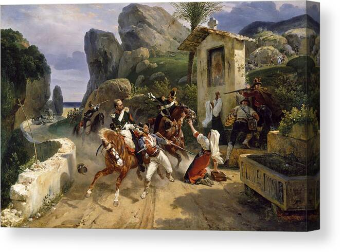 Horace Vernet Canvas Print featuring the painting Italian Brigands Surprised by Papal Troops by Horace Vernet