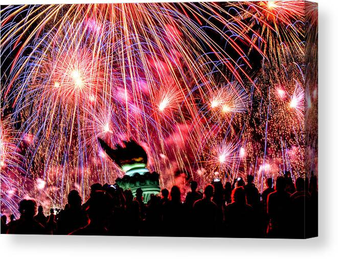 Fireworks Canvas Print featuring the photograph July 4th Fireworks in Seattle by Hisao Mogi