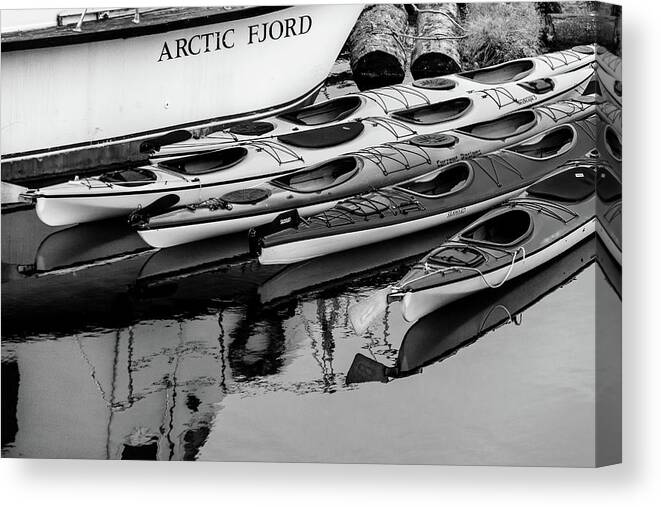 Alaska Canvas Print featuring the photograph Ketchikan Kayaks in Black and White by Joni Eskridge