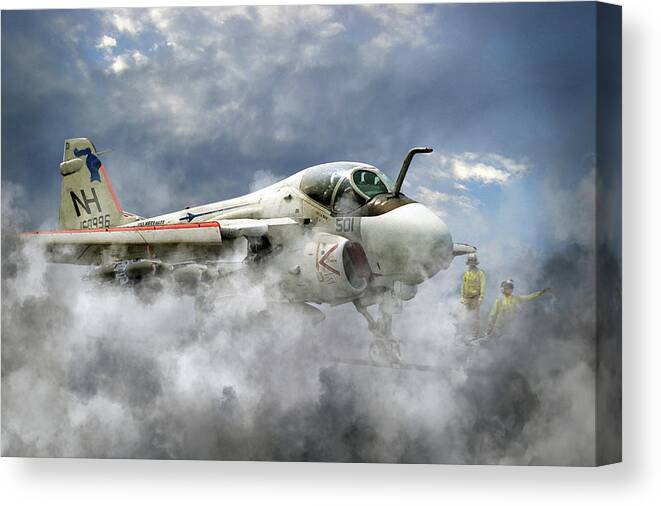 A Grumman A6 Intruder From Va-52 The 'knight Riders Ready For Launch From The Uss Kitty Hawk Canvas Print featuring the digital art Knight Riders by Airpower Art