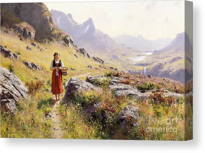 Scandinavian Canvas Print featuring the painting Knitting in a Norwegian Landscape by Hans Dahl