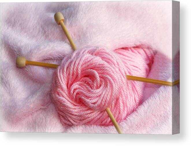 Knitting Needles Canvas Print featuring the photograph Knitting Needles In Pretty Pink Yarn by Tracie Schiebel