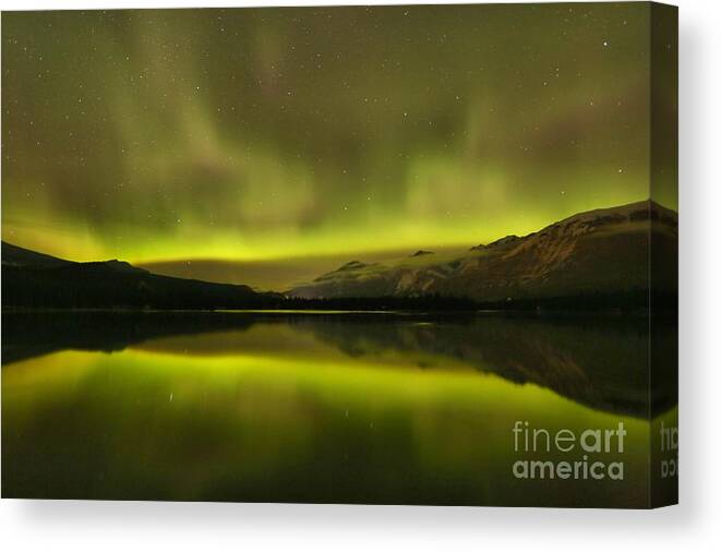 Northern Lights Canvas Print featuring the photograph Lac Edith Northern Light Show by Adam Jewell