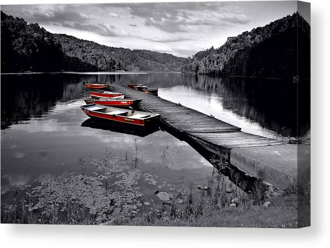 Black And White Canvas Print featuring the photograph Lake and Boats by Lisa Lambert-Shank