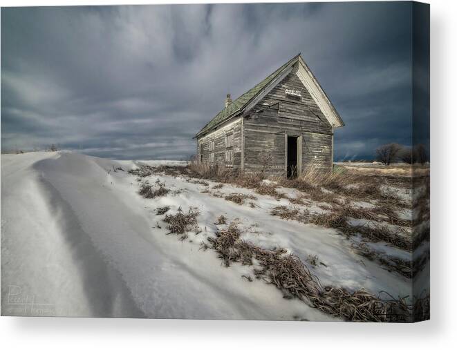 Abandoned Schoolhouse School Rural One Room School Nd North Dakota Snow Winter Scenic Landscape Horizontal Canvas Print featuring the photograph Lake Ibsen Schoolhouse by Peter Herman