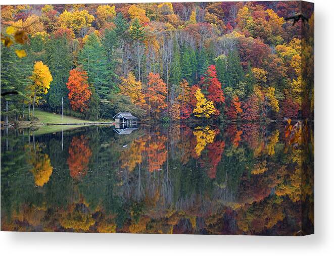 Fall Scene Canvas Print featuring the photograph Lake Logan Boathouse in Fall by Mike McGlothlen