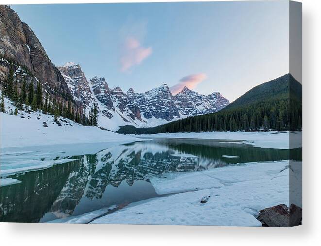 Photosbymch Canvas Print featuring the photograph Moraine Lake at Sunset by M C Hood