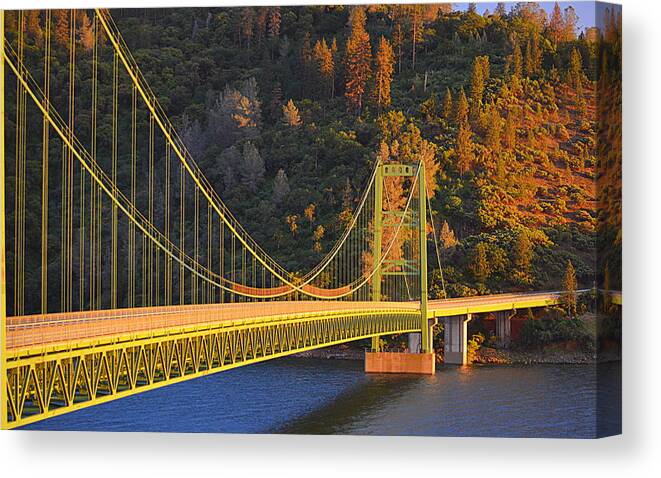 Scenic Canvas Print featuring the photograph Lake Oroville Green Bridge at Sunset by AJ Schibig