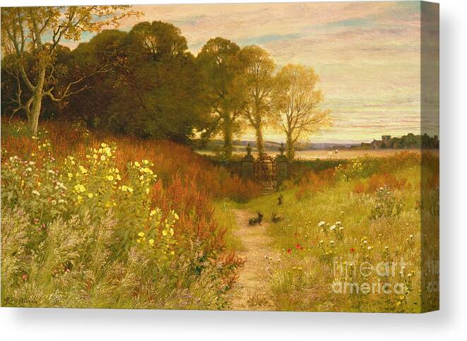 Landscape Canvas Print featuring the painting Landscape with Wild Flowers and Rabbits by Robert Collinson