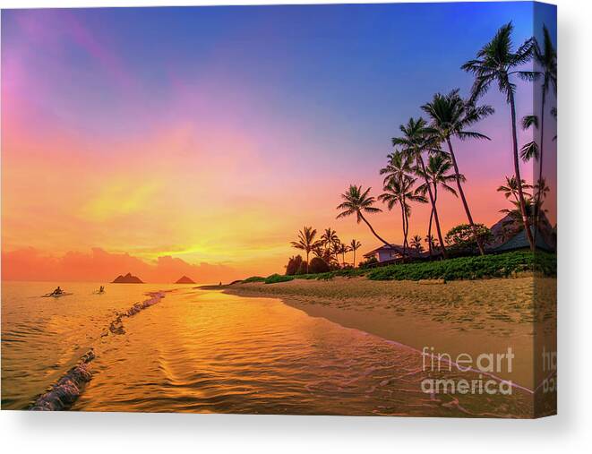 Lanikai Beach Canvas Print featuring the photograph Lanikai Beach Canoes at Sunrise by Aloha Art