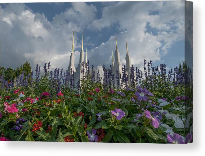 Architecture Canvas Print featuring the photograph LDS garden flowers by Brian Green