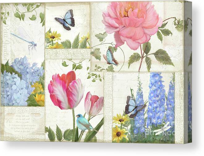 Collage Canvas Print featuring the painting Le Petit Jardin - Collage Garden Floral w Butterflies, Dragonflies and Birds by Audrey Jeanne Roberts