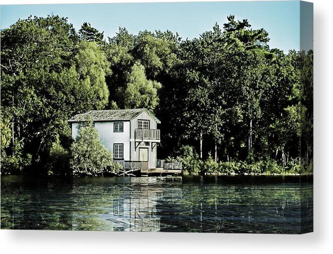 Orillia Canvas Print featuring the digital art Leacock Boathouse by JGracey Stinson