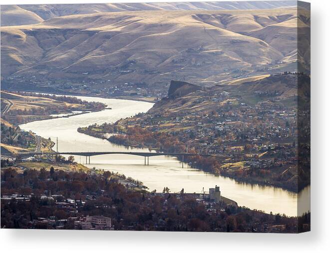 Lewiston Idaho Asotin Clarkston Washington Id Wa Valley Swallows Nest Rock Southway Bridge Snake River Cities Dry Summer August Landscape Landmarks Local View Canvas Print featuring the photograph Lewis Clark Valley by Brad Stinson