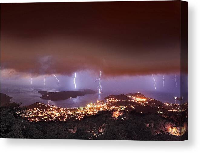 Lightning Canvas Print featuring the photograph Lightning Over Water Island by Gary Felton