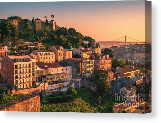 Lisbon Canvas Print featuring the photograph Lisbon Sunset, Featuring Sao Jorge Castle And Surroundings. by Philip Preston