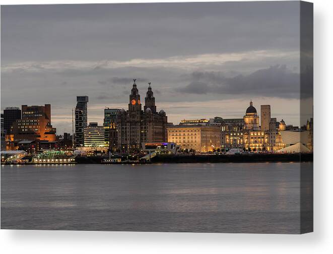 3 Graces Canvas Print featuring the photograph Liverpool Waterfront at Night by Spikey Mouse Photography