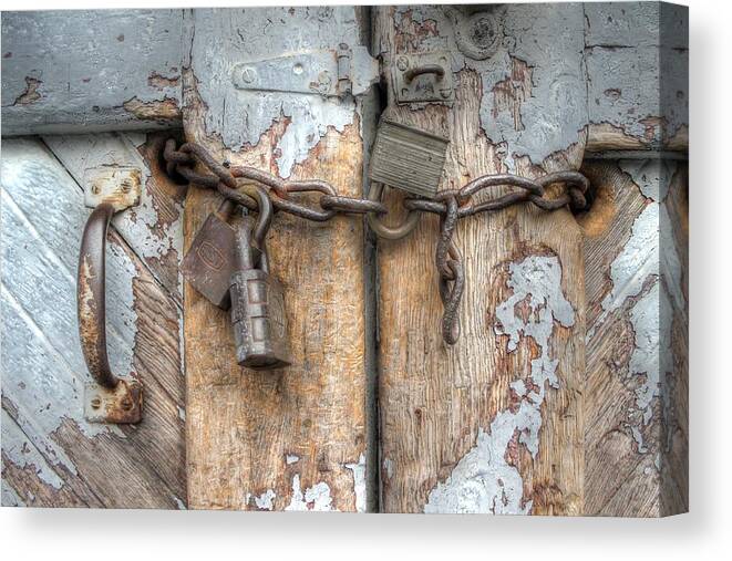 Lock Canvas Print featuring the photograph Lock Chain Rust Door Handle Barn Rustic by Jane Linders
