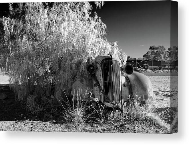 Broken Hill Nsw New South Wales Australian Old Car Pepper Tree Monochrome Mono B&w Black And White Canvas Print featuring the photograph Long Term Parking by Bill Robinson