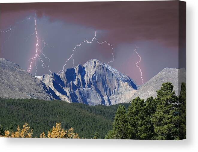 Longs Peak Canvas Print featuring the photograph Longs Peak Lightning Storm Fine Art Photography Print by James BO Insogna