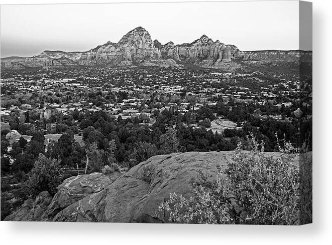Sedona Canvas Print featuring the photograph Looking down on Sedona from Airport Mesa Sunrise 2 Black and White by Toby McGuire