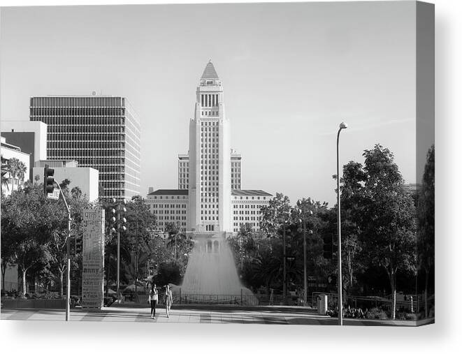 Los Angeles Canvas Print featuring the photograph Los Angeles City Hall - Black and White monochrome by Ram Vasudev