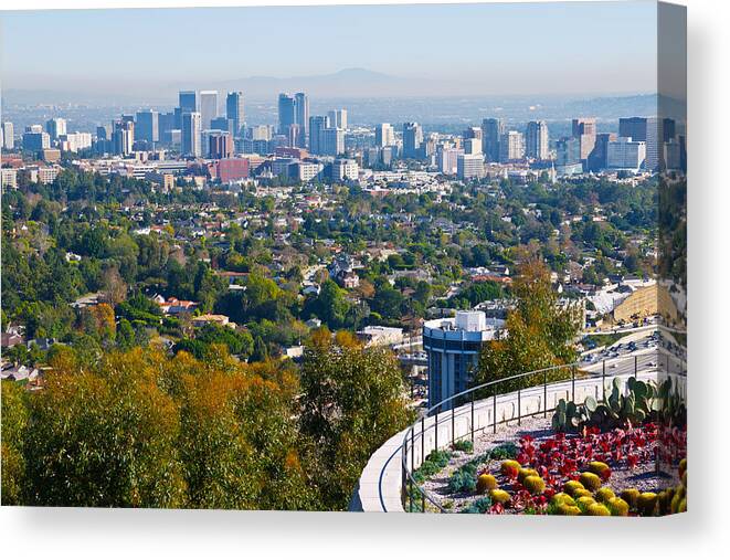 Los Angeles Canvas Print featuring the photograph Los Angeles Skyline from the Getty Museum by Melinda Fawver
