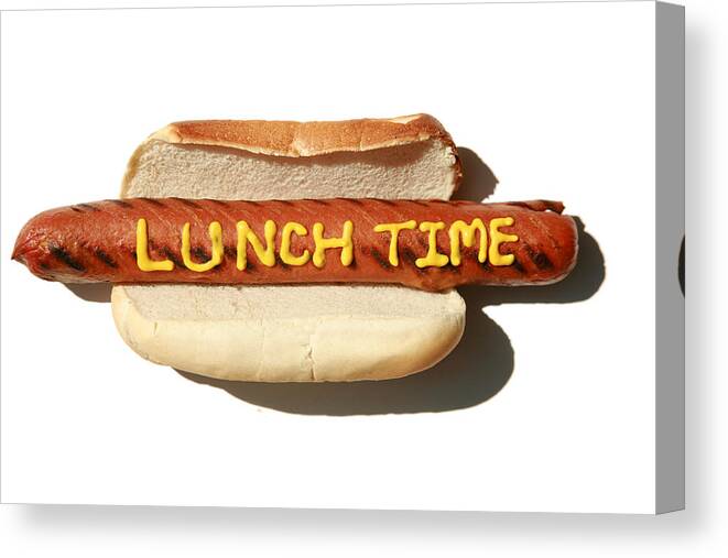 Hot Dog With The Words i (heart Symbol) Hot Dogs In Mustard Isolated Isolated On White Canvas Print featuring the photograph Lunch Time by Mike Ledray